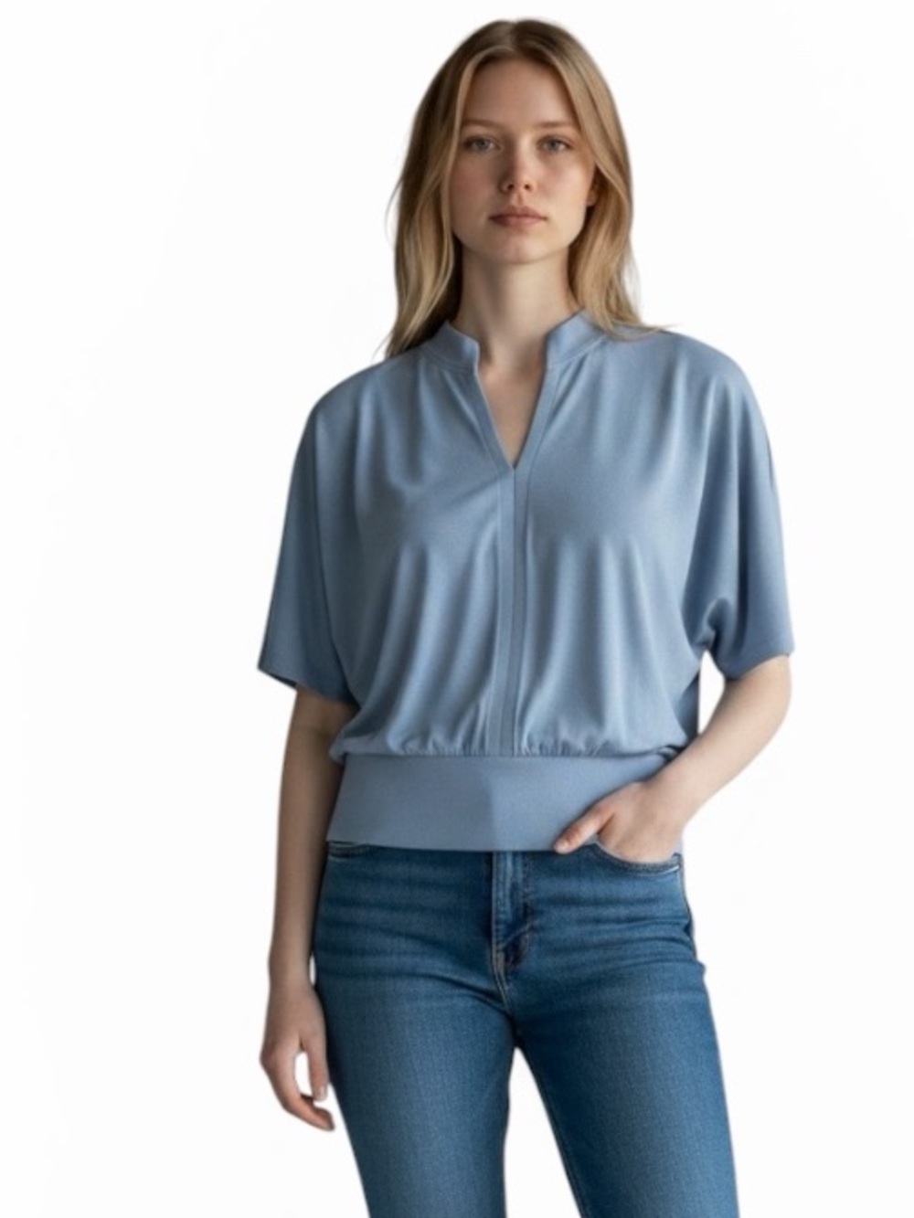 OGL Stand Collar V-Neck Short Sleeve Top Small NWT